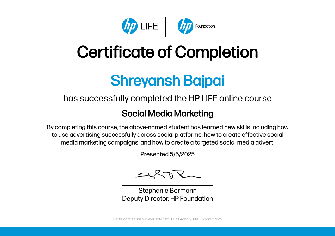 Certificate Of Social Media Marketing By HPLife
